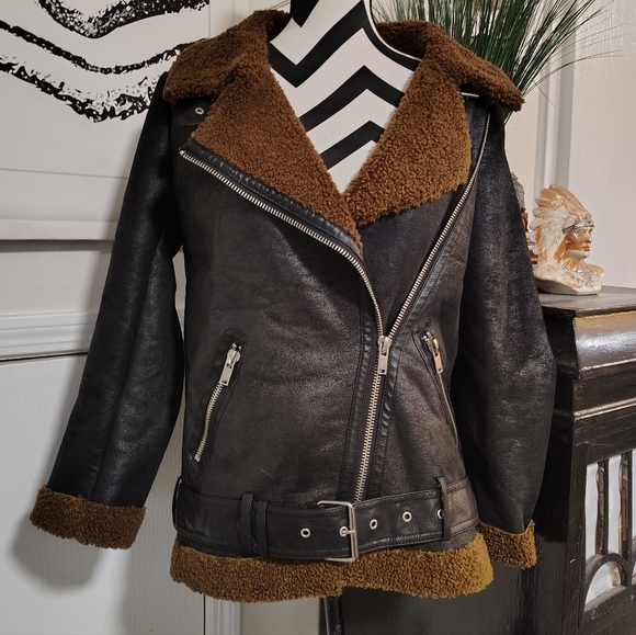 ZARA $170 Textured Shearling Moto Jacket Women's XS (Runs Large) Brown & Black - Picture 10 of 10